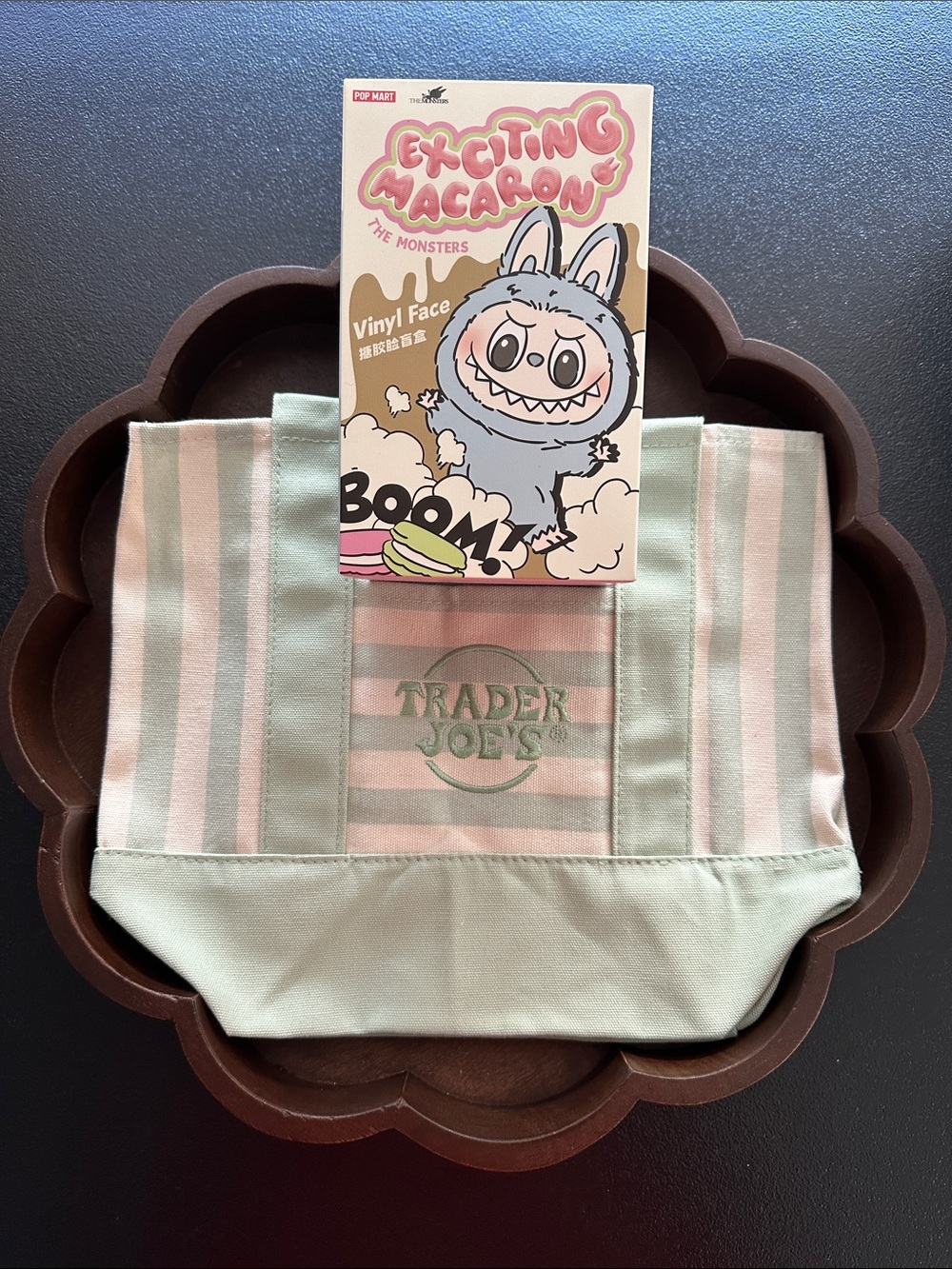 Authentic Sealed POP MART Green Grape Labubu with Trader Joe's Striped Tote Bag